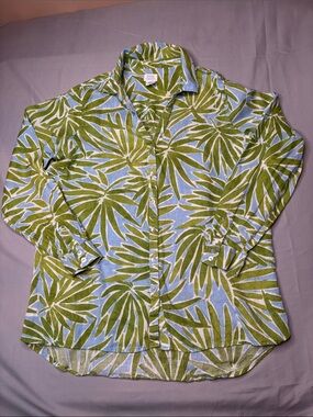 Sigrid Olsen Blue Green Tropical 100% Linen Long Sleeve Blouse Shirt Size Large